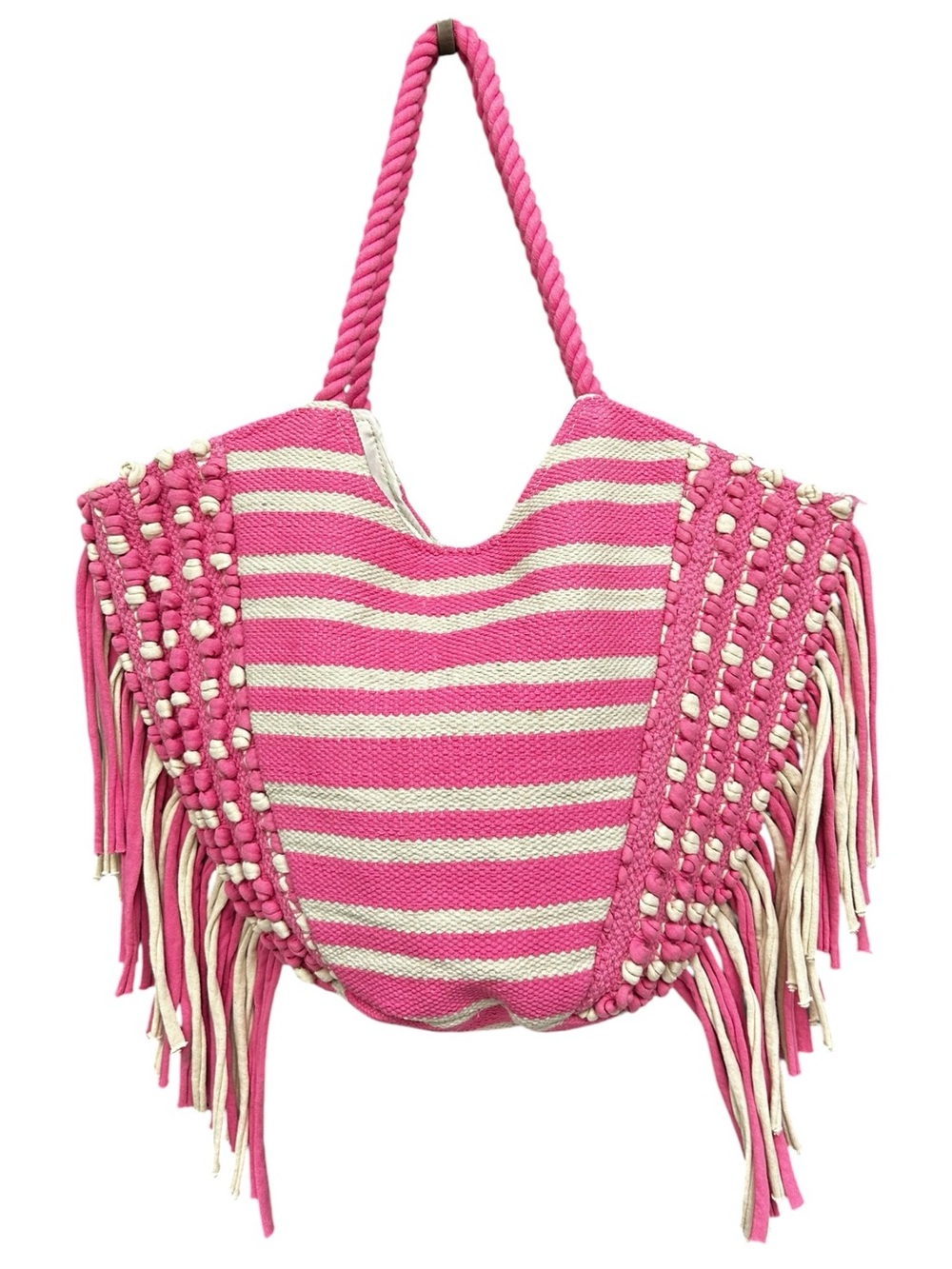 Pink White Striped Fringe Woven Tote Bag Boho Beach Shoulder Bag